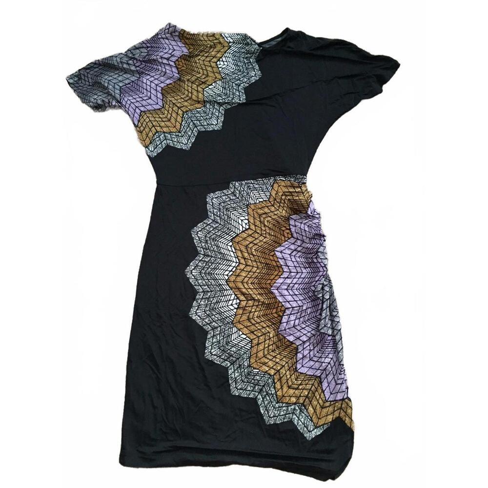 BCBG MaxAzria XSS Extra Small black print short short sleeve rayon dress scoop - Picture 2 of 8